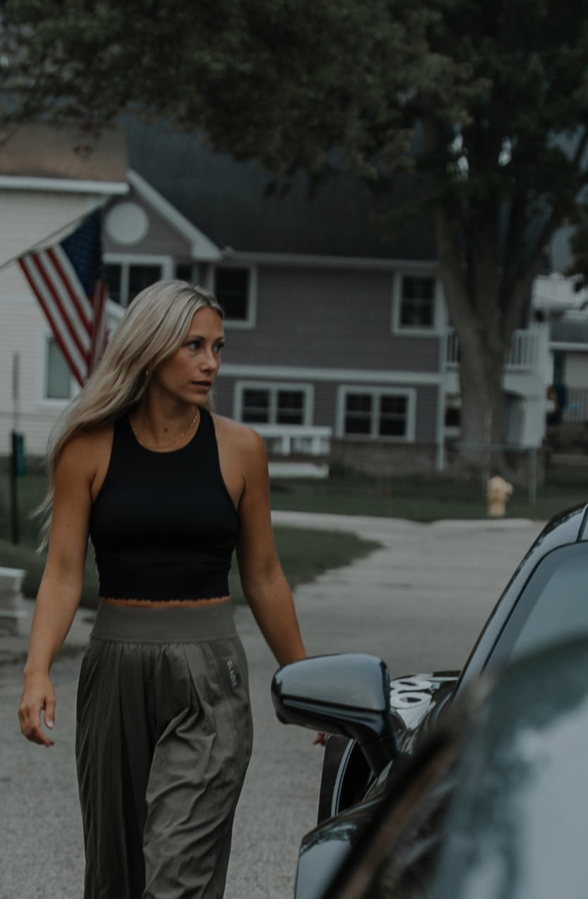 Olive Shift Scallop Crop Top