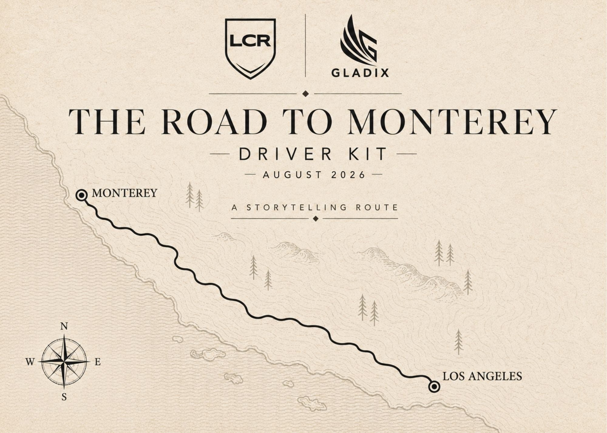GLADIX route card included in the Monterey driver packaging, mapping Los Angeles to Monterey